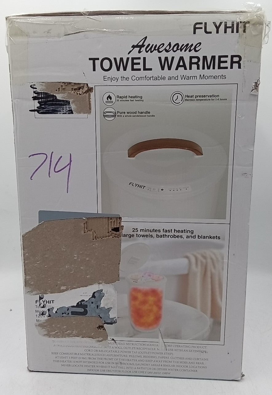 Large White Towel Warmer Bucket with Wooden Handle for Bathroom