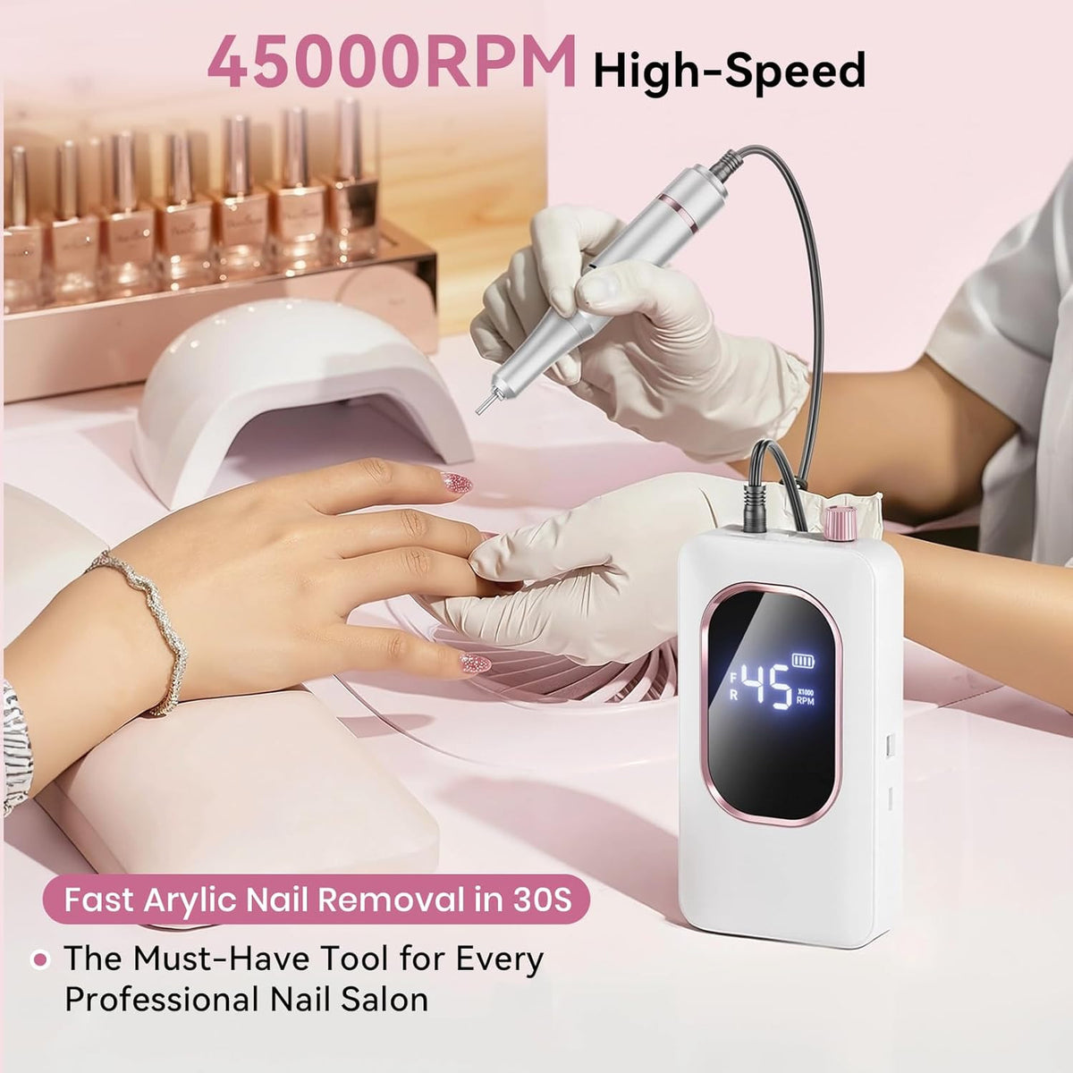 Professional Cordless Nail Drill Machine for Acrylic & Gel Nails - Slow Vibration, Gris