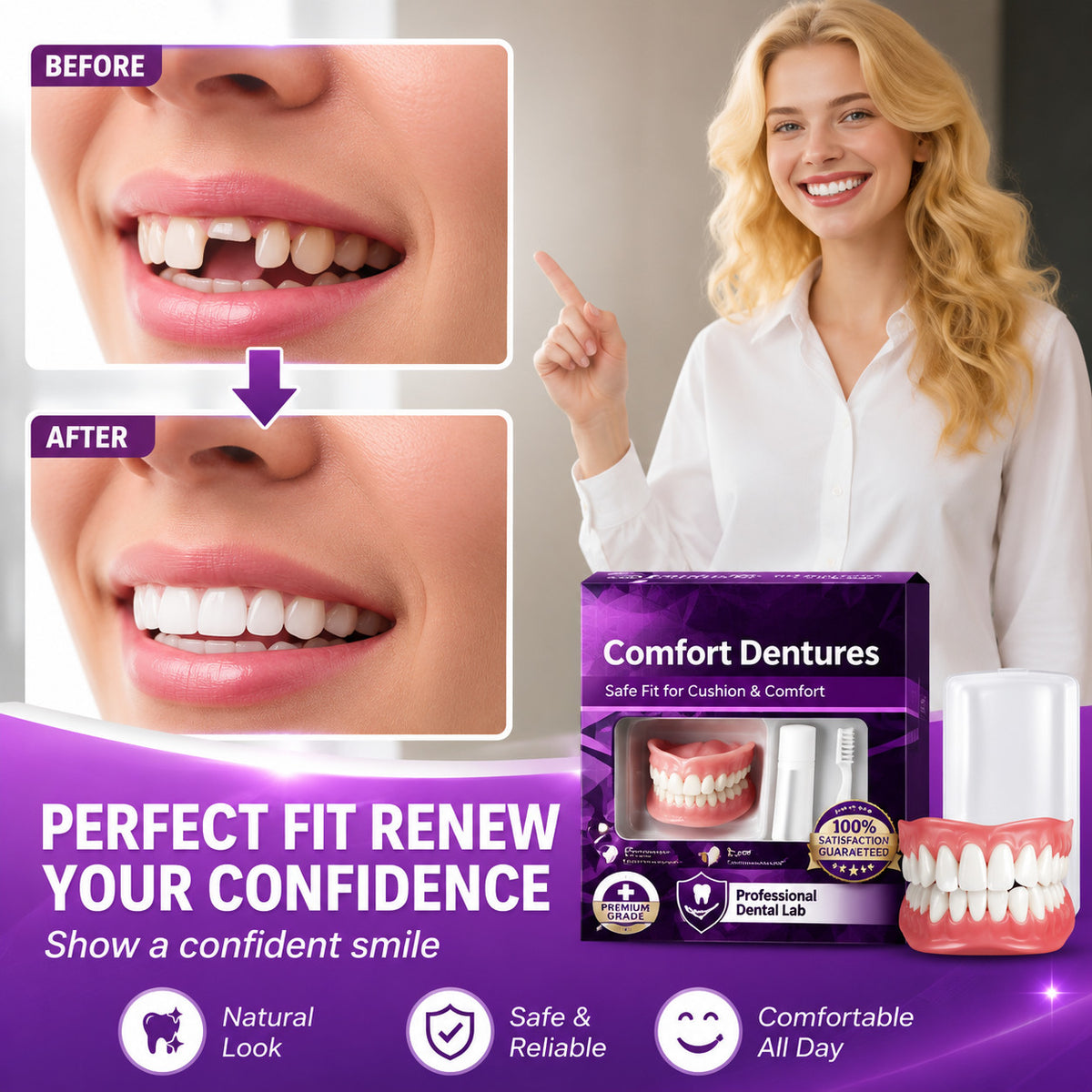 Full Set Natural Silicone Dentures Upper & Lower Comfort Fit - Cosmetic Tooth Replacement