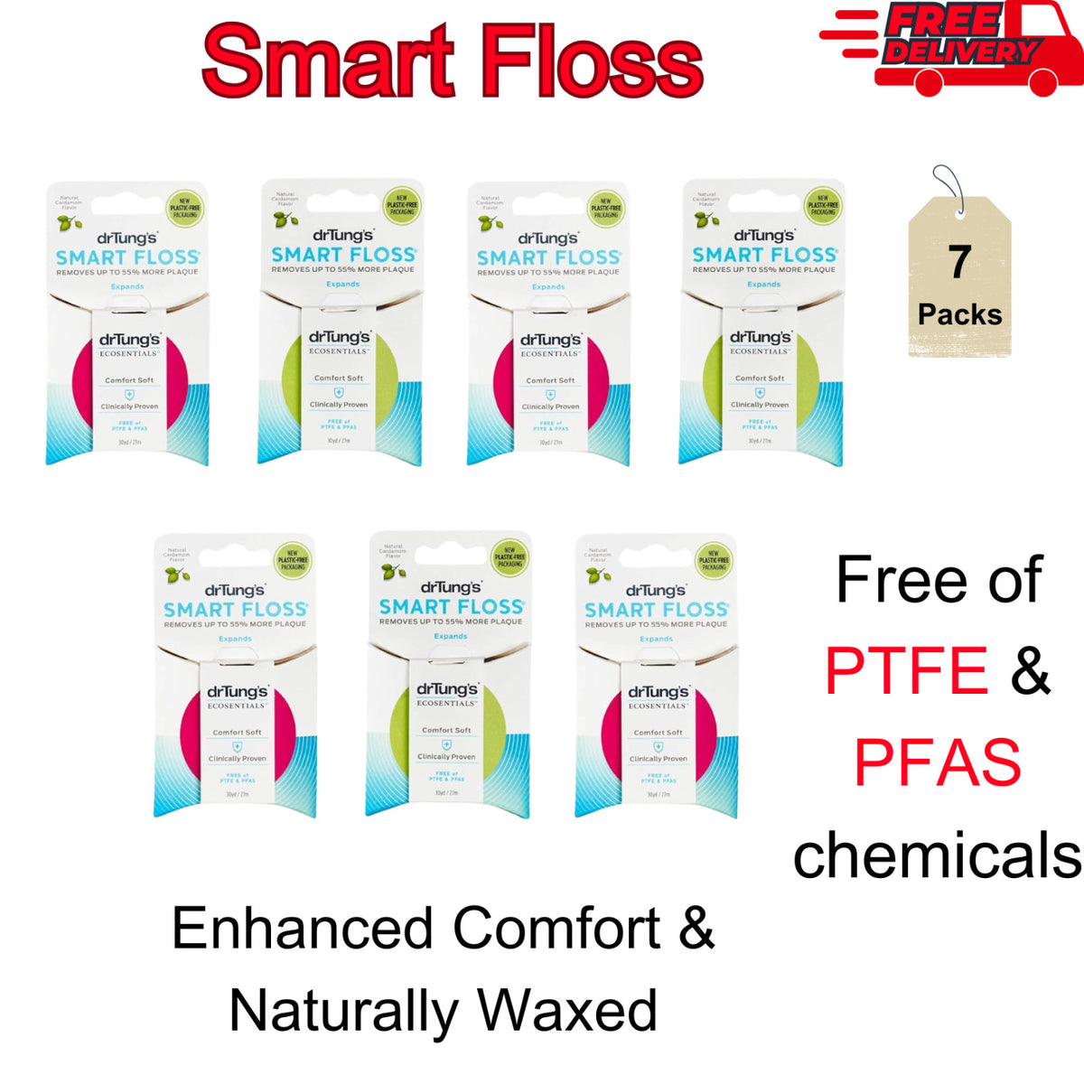 Natural Cardamom Flavored Dental Floss Pack of 7 - Gentle, Expanding, Soft & Strong