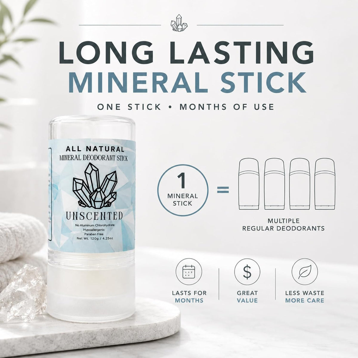 Natural Unscented Mineral Deodorant Stick - Paraben-Free, 24-Hour Odor Control