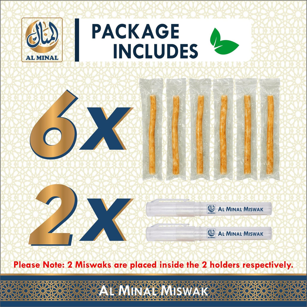 Natural Miswak Teeth Cleaning Sticks with Holders - Pack of 6