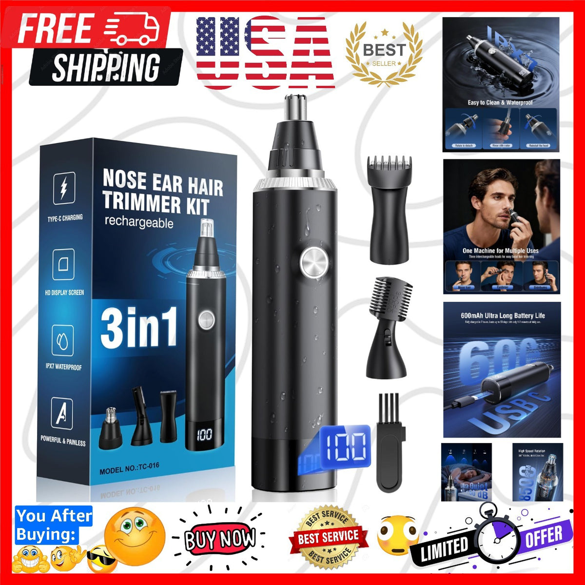 Men's 3-in-1 Nose Ear Eyebrow Facial Hair Trimmer Waterproof Rechargeable