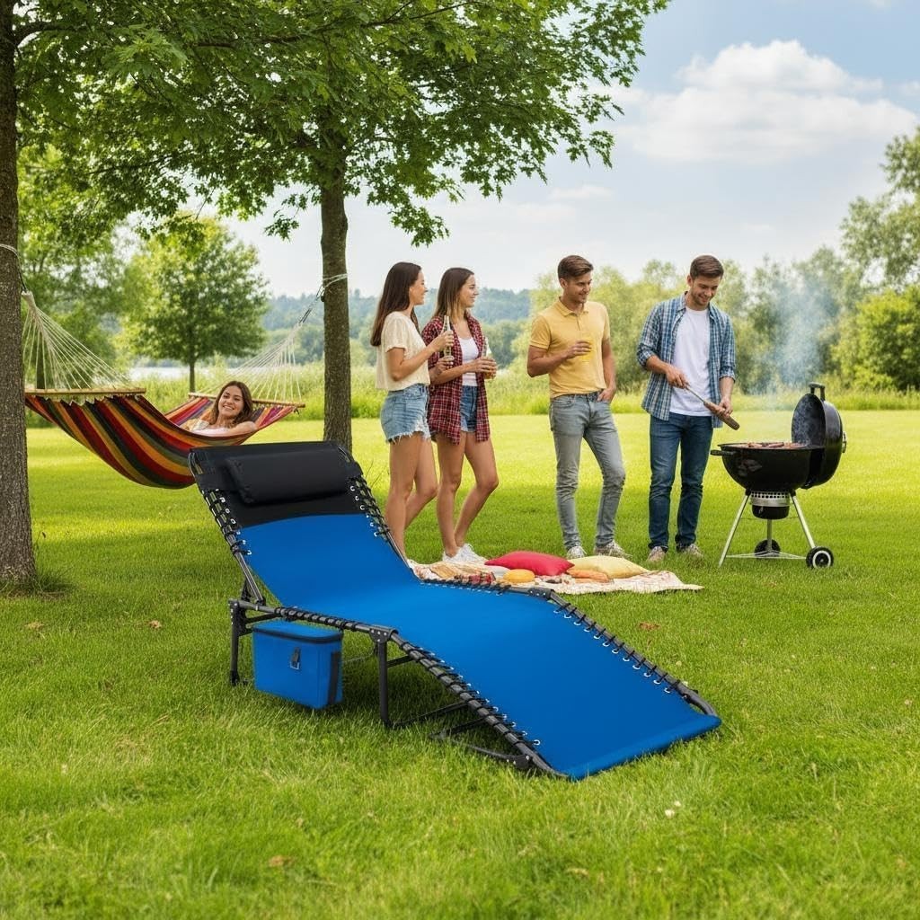 Outdoor Chaise Lounge Chairs with Adjustable Backrest & Side Pocket - Foldable, Heavy Duty Steel Frame
