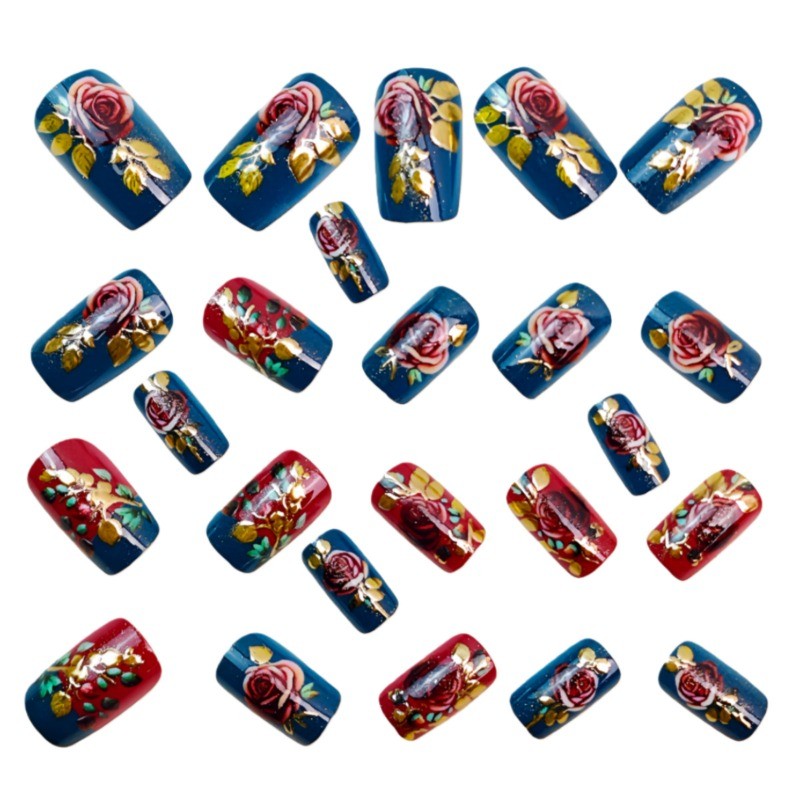 48Pcs Short Square Press-On Nails Set - Teal Burgundy Rose Gold