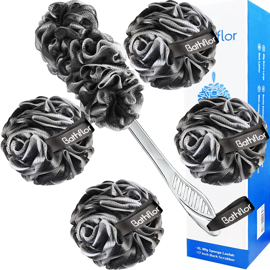 Large Exfoliating Loofah Body Scrubber Set with Back Brush & Hook - 4 Pack