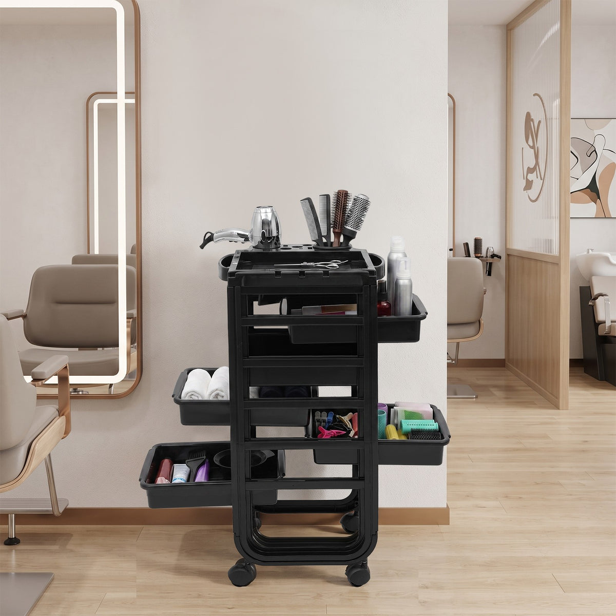 Mobile Hair Salon Trolley Cart with 5 Drawers - Black, 41x43.5x88cm