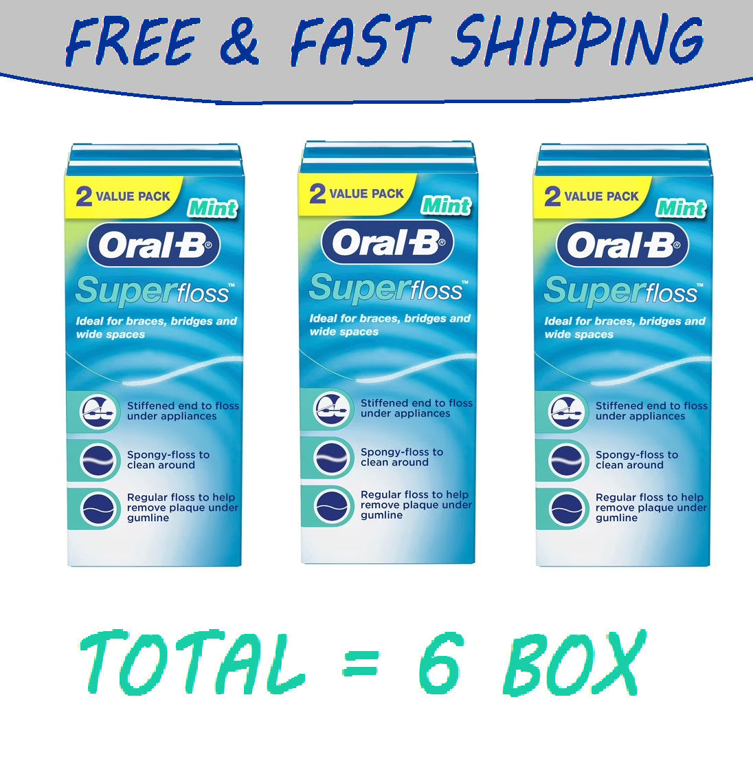 Dental Floss Mint Flavored Super Floss for Braces Bridges Wide Spaces - 50 Count