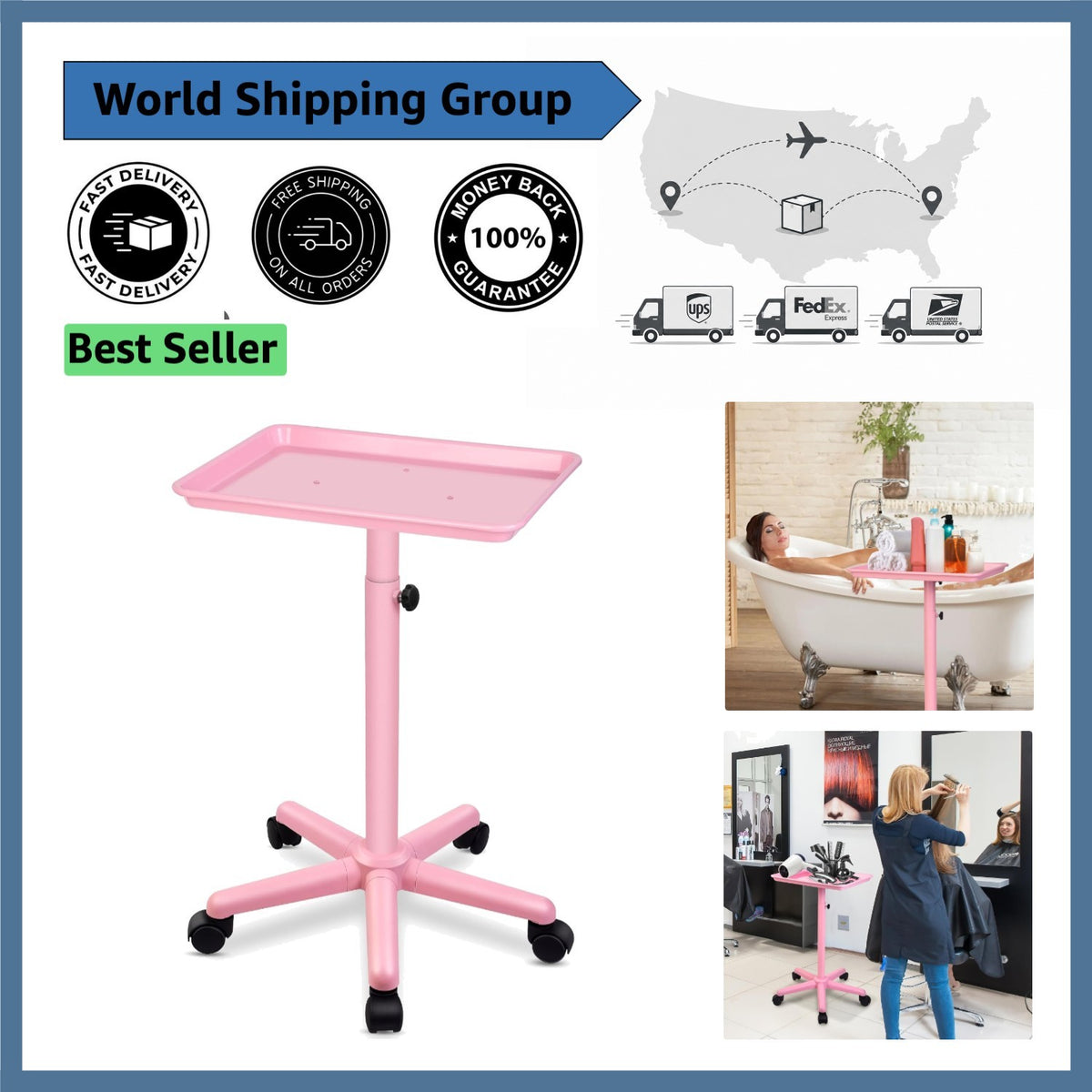 Pink Height-Adjustable Salon Tray with 5 Wheels for Beauty & Home Use