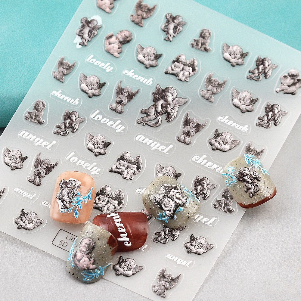 Self-Adhesive 5D Angel Nail Art Stickers, Embossed Nail Decals for Manicure
