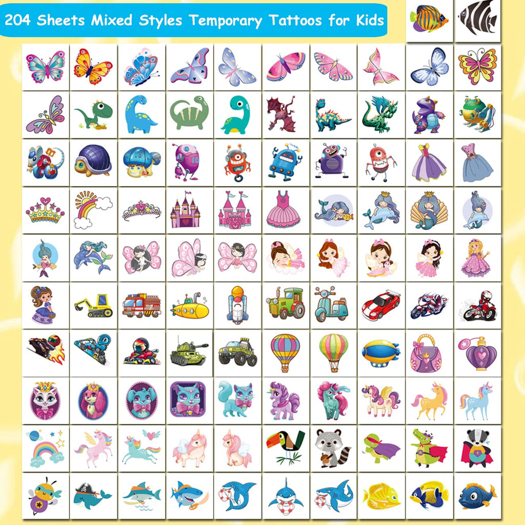 204 Pack Kids Temporary Tattoos - Individually Wrapped Fun Party Tattoos