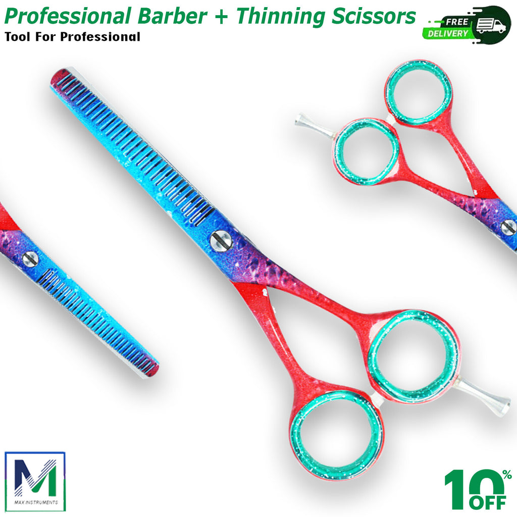 Professional Hairdressing Scissors Set – Thinning & Straight Barber Shears, 6.5 Inch, Red & Blue