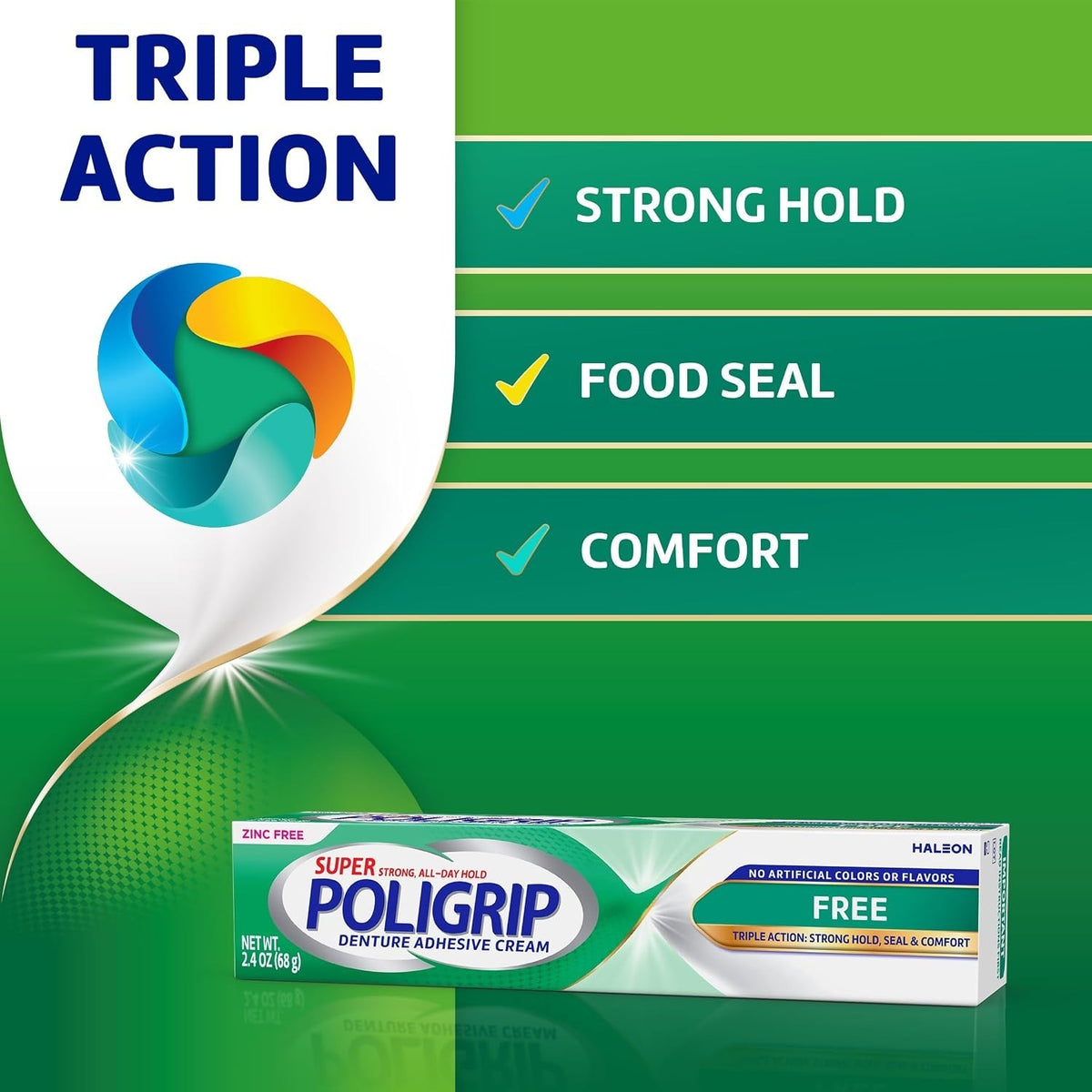 Denture Adhesive Cream 4-Pack - Strong All-Day Hold, Food Seal, Zinc-Free