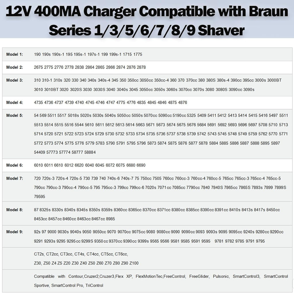 12V Replacement Charger for Braun Series S3 S5 S6 S7 S8 S9 Shavers and Trimmers