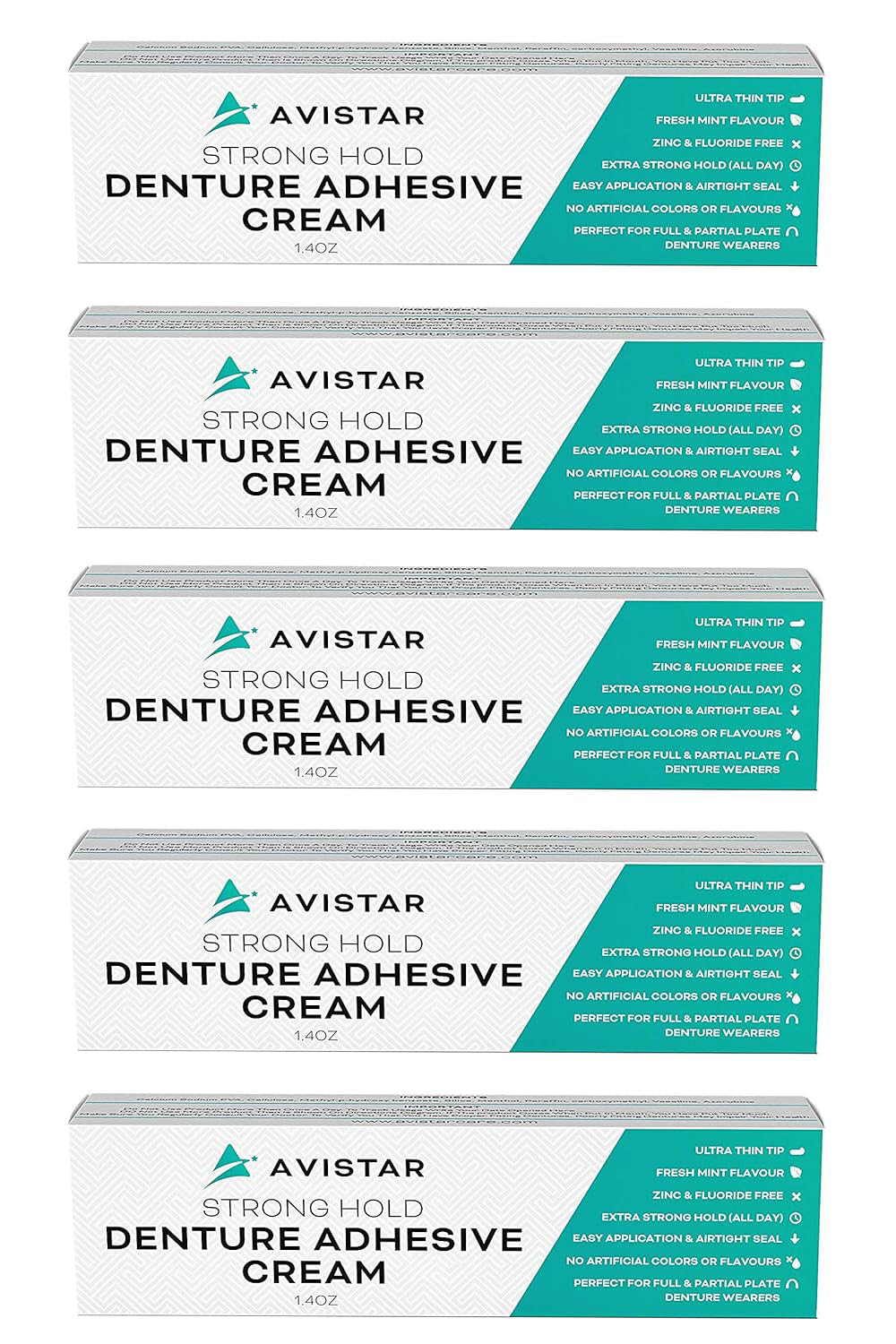 Denture Adhesive Cream 5 Pack - Extra Strong Hold with Mint & Easy Application