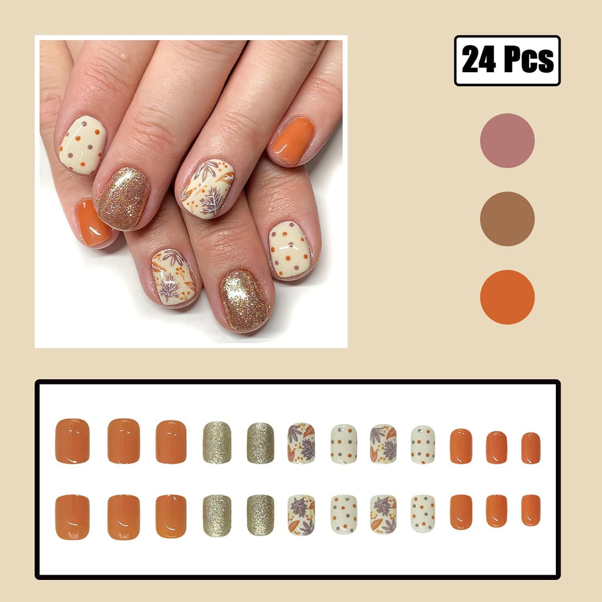 24Pcs Fall Short Square Press On Nails with Gold & Multicolor Glitter