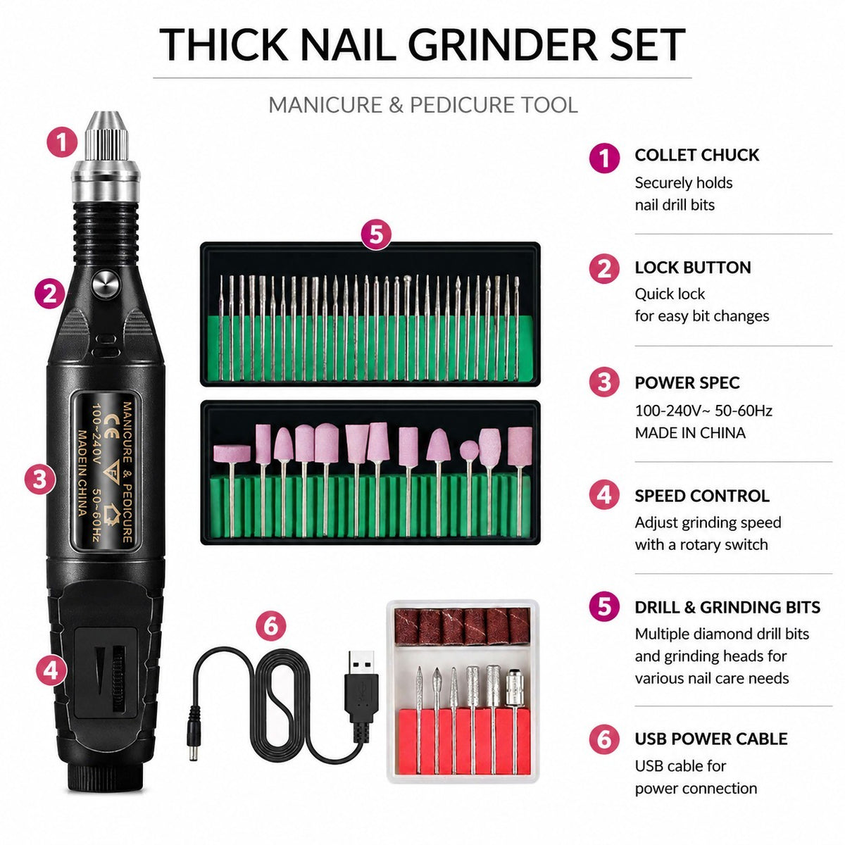 Electric Nail Grinder Set for Thick Toenails Manicure Pedicure with USB Power