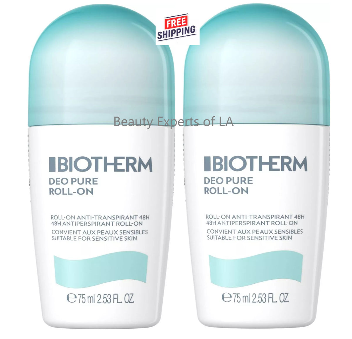 2 Pack Biotherm Deodorant Roll-On 48H Antiperspirant 75ml - Sensitive Skin