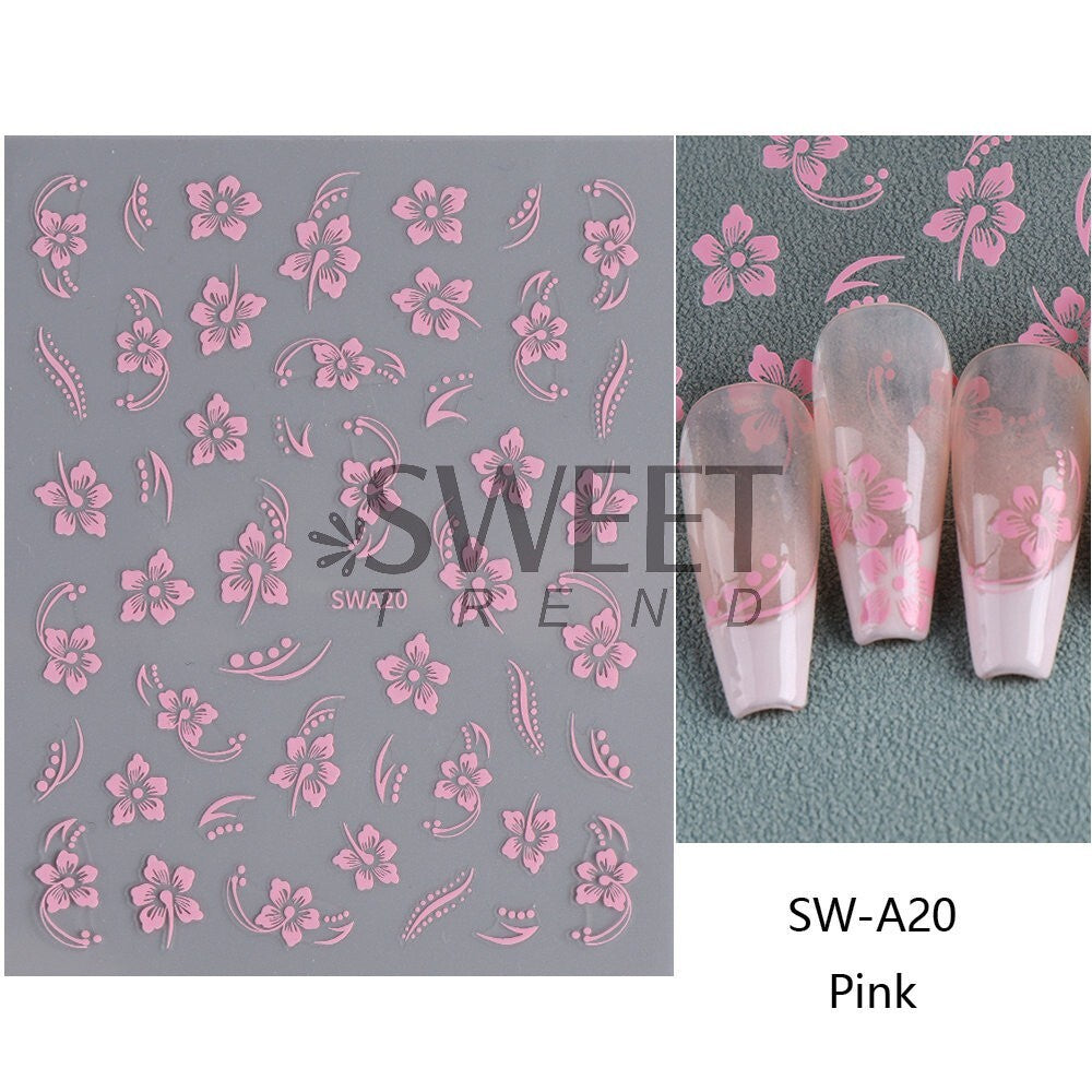 6Pcs Hibiscus Floral Nail Stickers Hawaiian Flower Vine Manicure Decals
