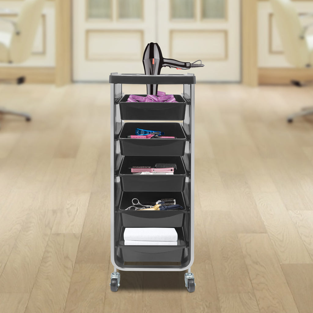 Salon Trolley Cart with 5 Drawers and Dryer Holder - Black Professional Organizer