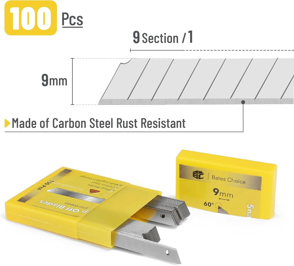 100 Pack 9mm Snap-Off Utility Blades with 60-Degree Sharp Angle
