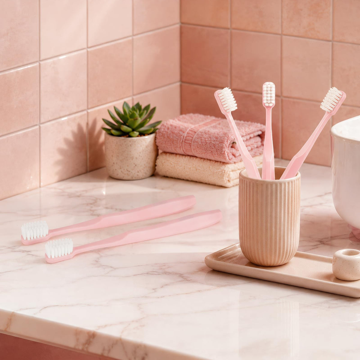 Extra Soft Manual Toothbrushes for Adults - Ultra Dense Nano Bristles, 5-Pack Pink