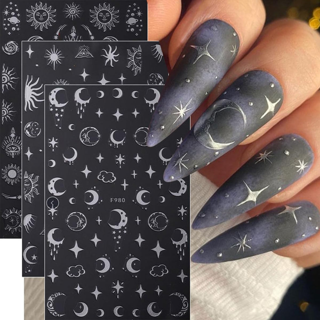 Metallic Nail Art Stickers Decals Silver Moon Sun Star 8 Sheets
