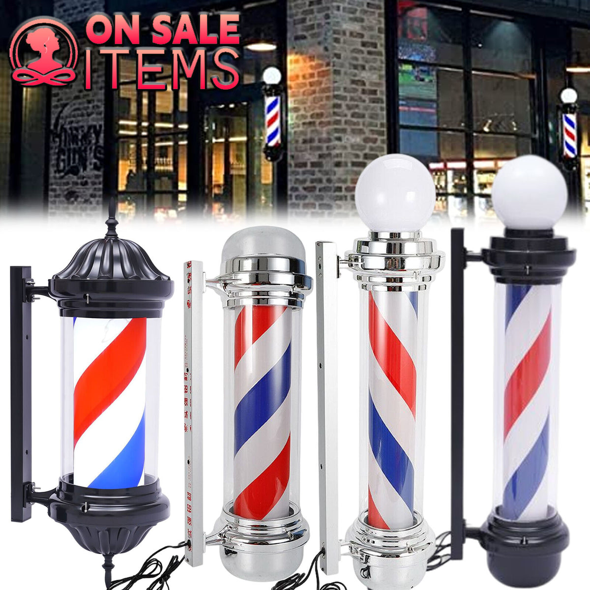 Rotating LED Barber Shop Pole Light Sign Outdoor Indoor Hair Salon Decor