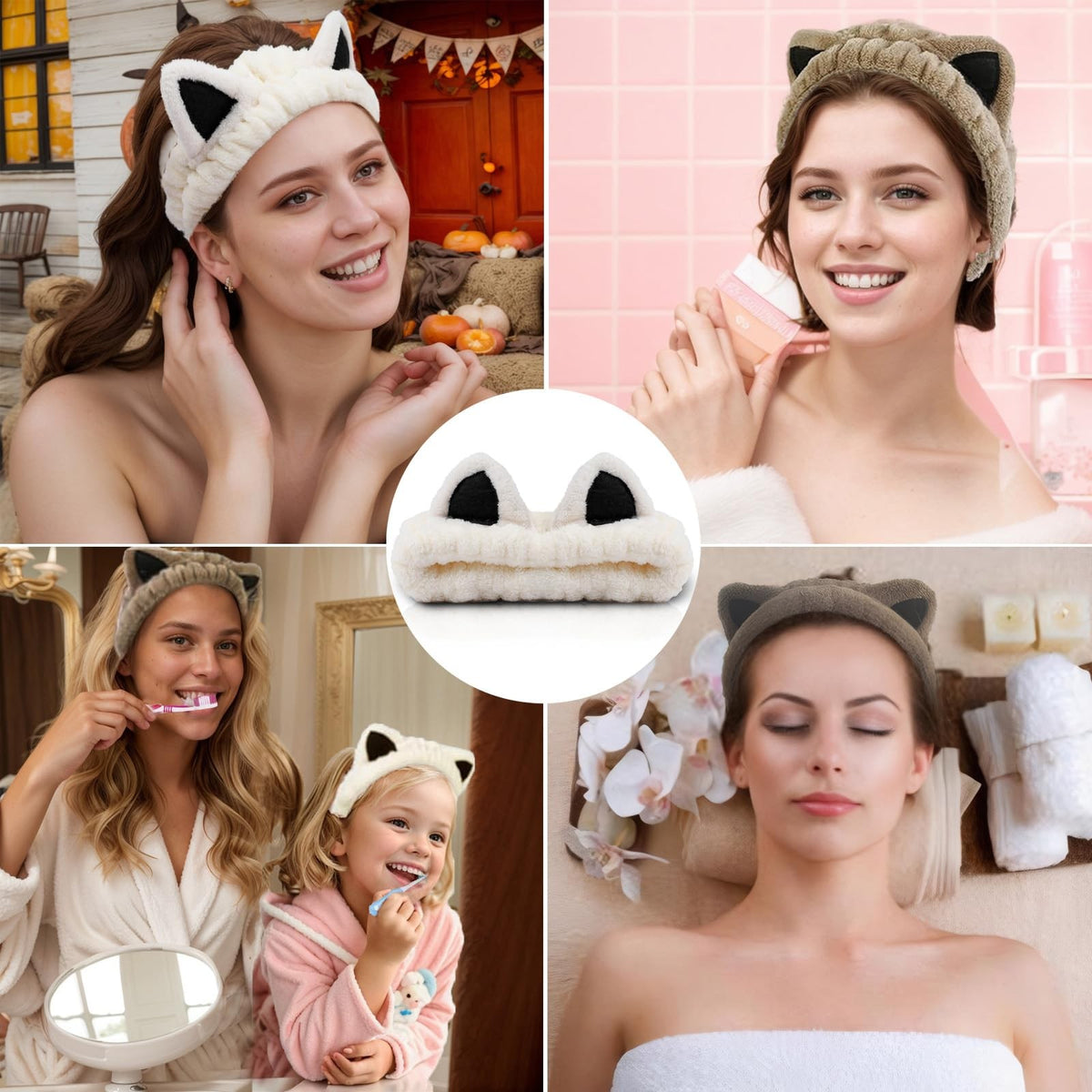 Spa Headband for Face Washing - Soft Coral Fleece, Pack of 2, Beige & Khaki