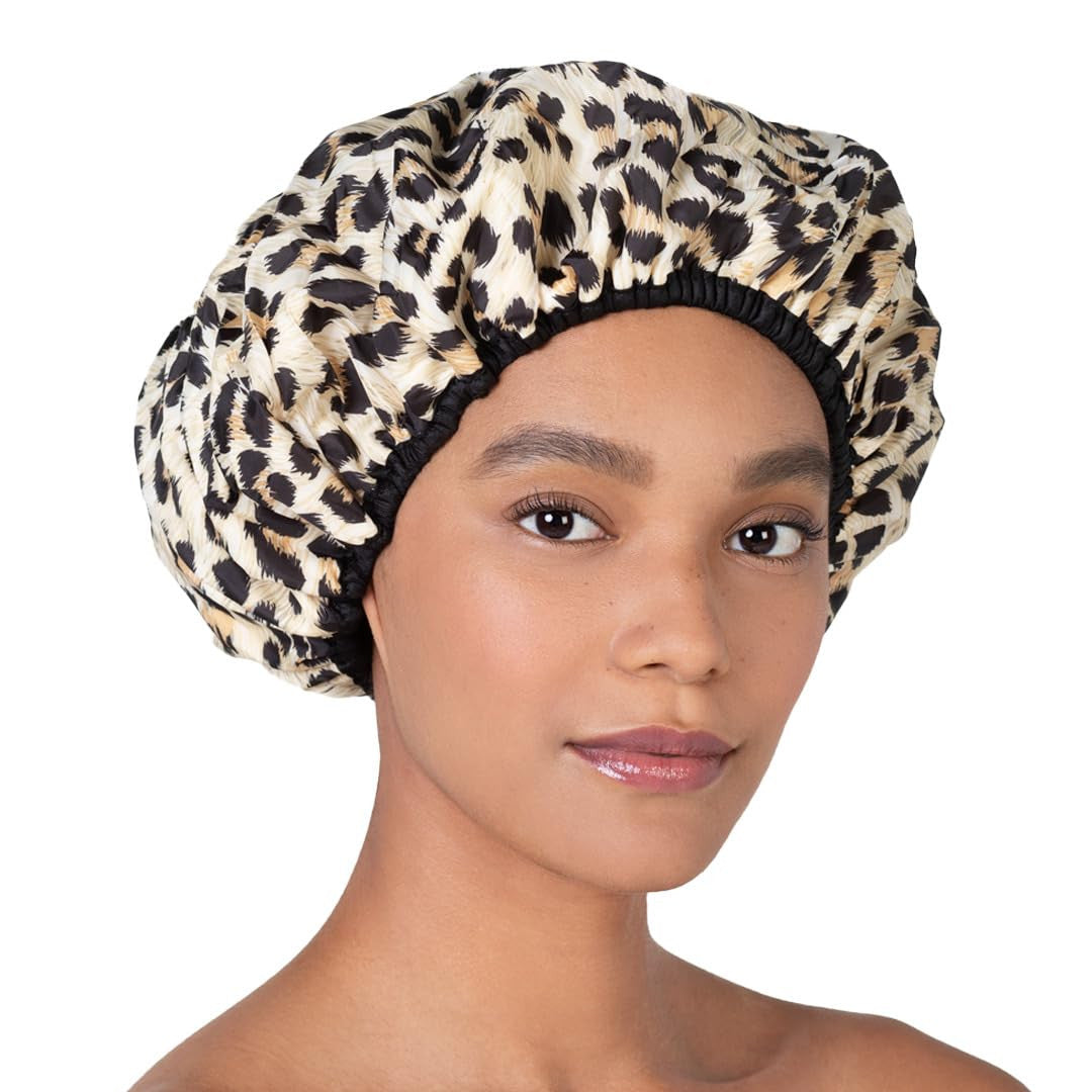 Reusable Waterproof Shower Cap Leopard Print Oversized Nylon Hair Cover