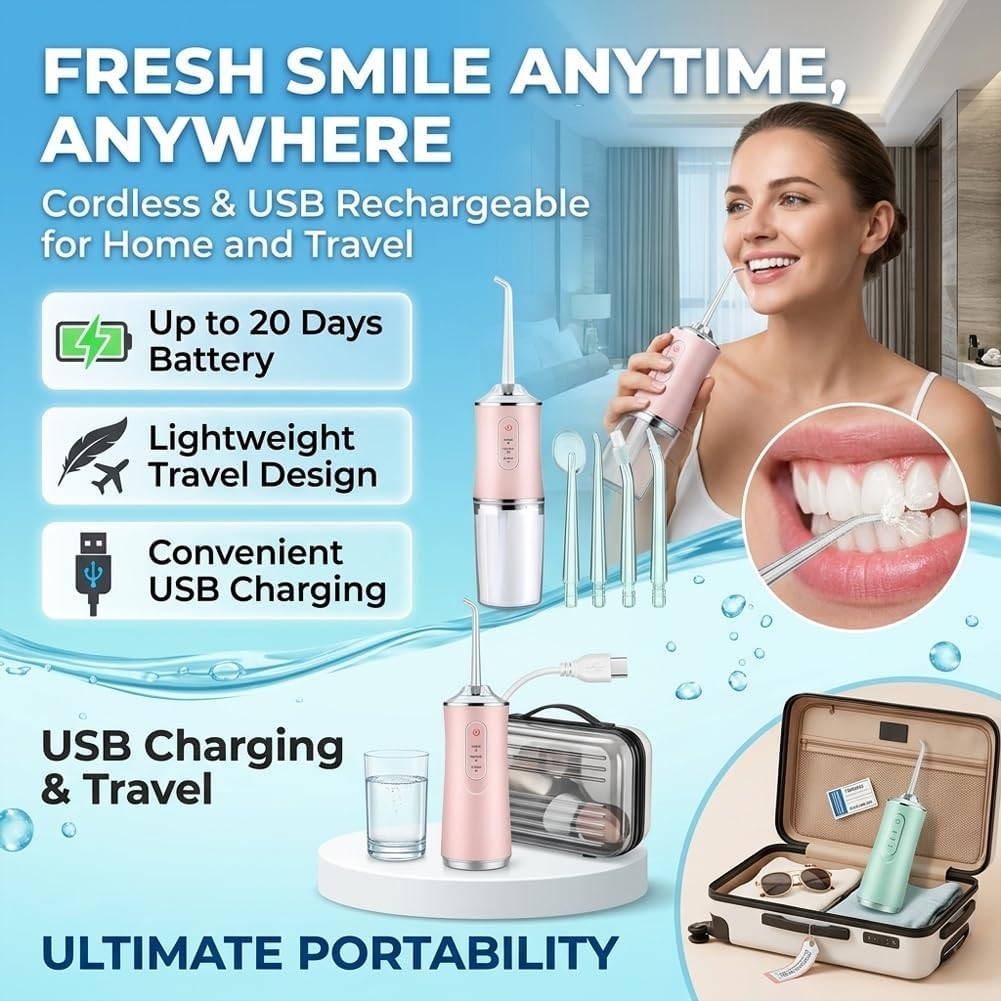 Electric Water Flosser Cordless Oral Irrigator with 4 Tips and USB Rechargeable