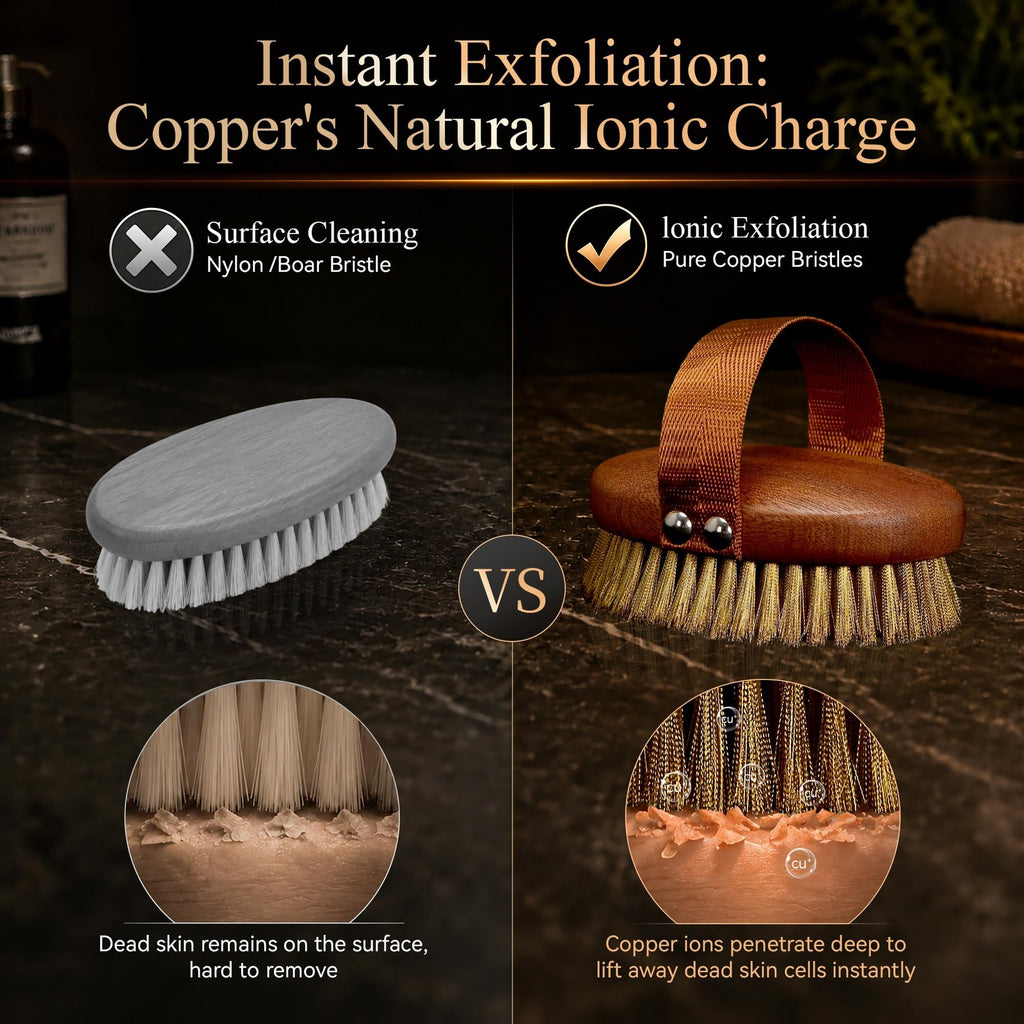 Dry Body Brush with Ebony Wood & Copper Bristles for Exfoliation & Circulation
