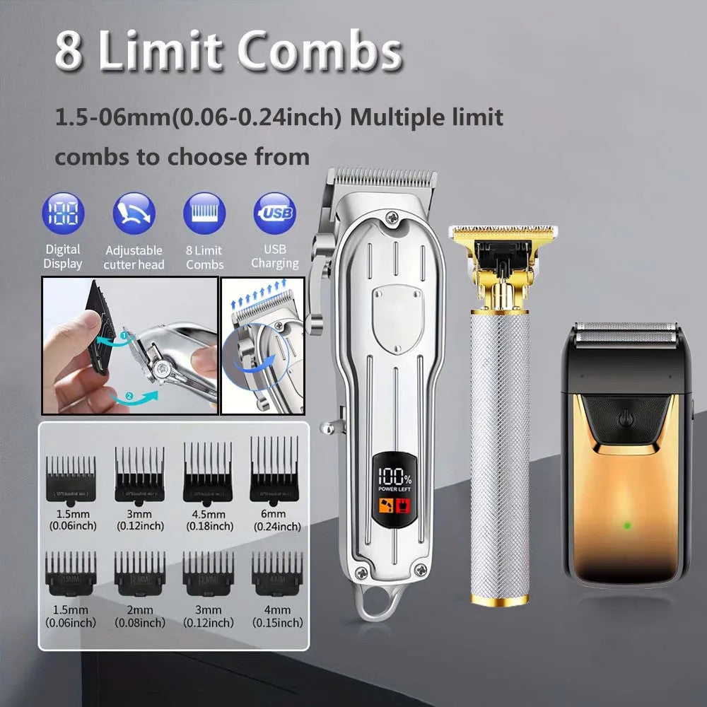 Professional 3-in-1 Hair Clipper Kit for Men with Adjustable Length and Rechargeable Motor