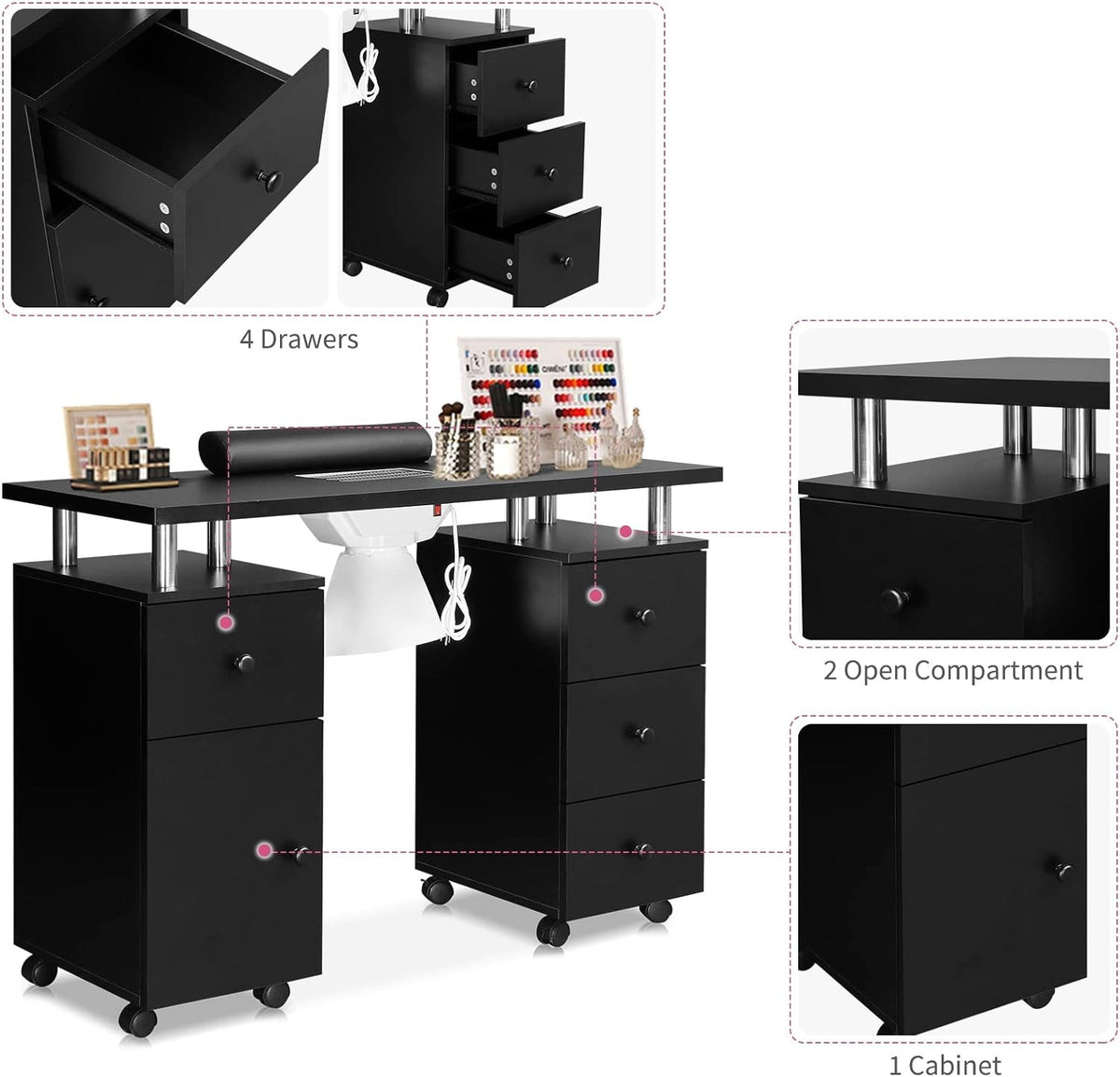 Manicure Table with Storage Drawers and Dust Collector - Professional Nail Desk