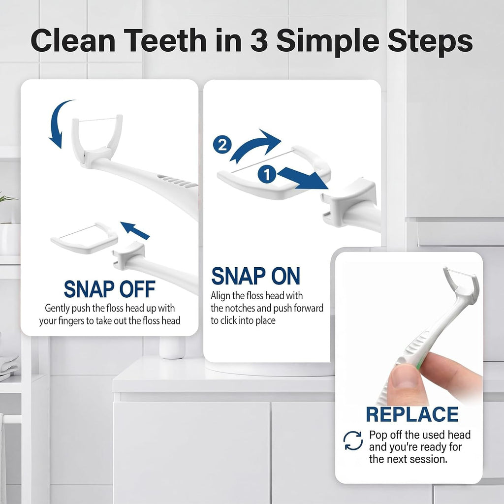 Dental Flosser Kit with Handle and 120 Refill Heads - Easy Access, Ergonomic Design