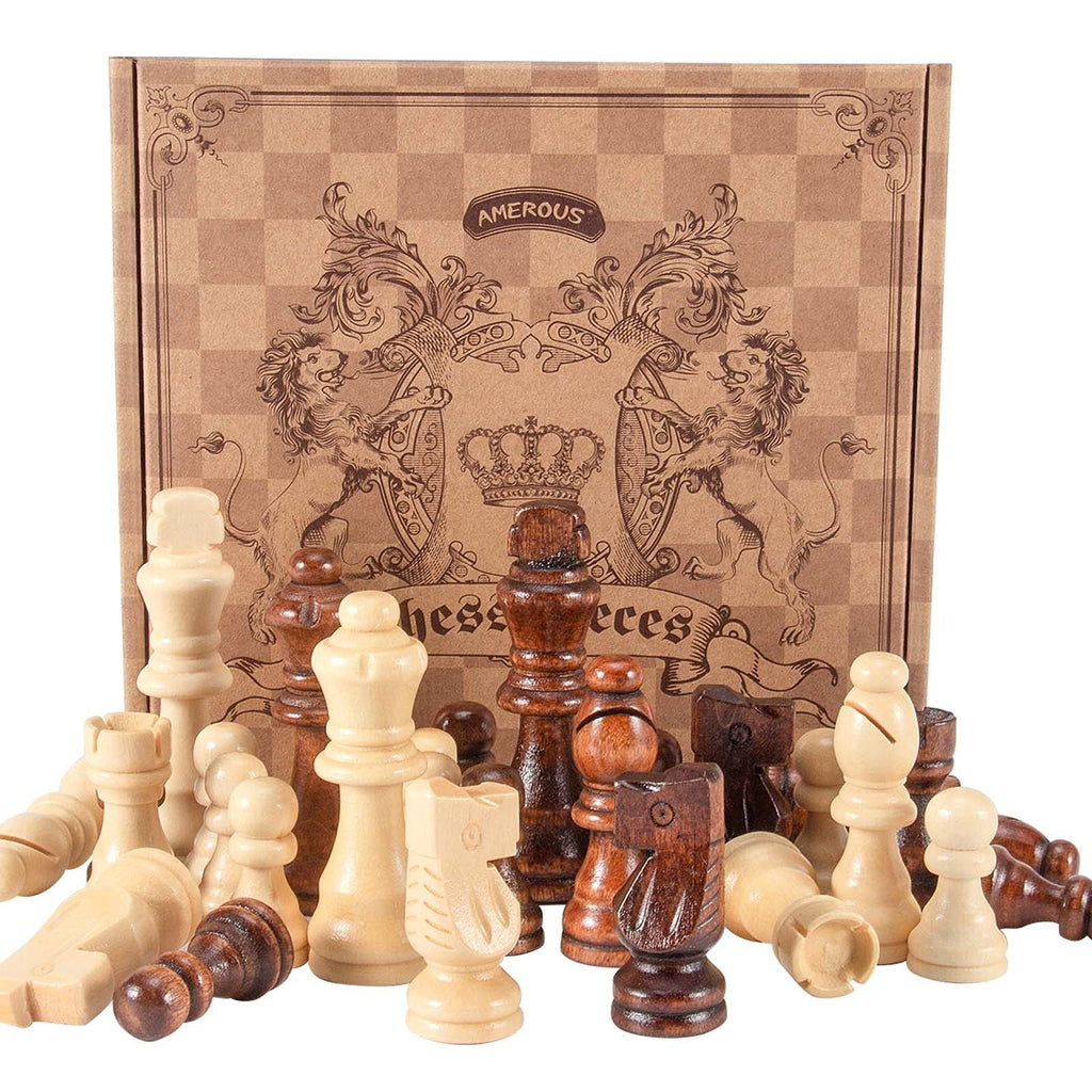 Wooden Chess Pieces Set - 32 Handcrafted French Staunton Style, Bronze Finish