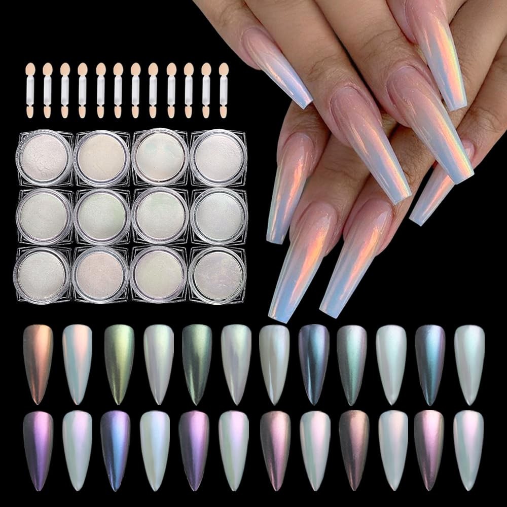 Mermaid Chrome Nail Powder Set - 12 Iridescent Aurora Holographic Colors for Manicures