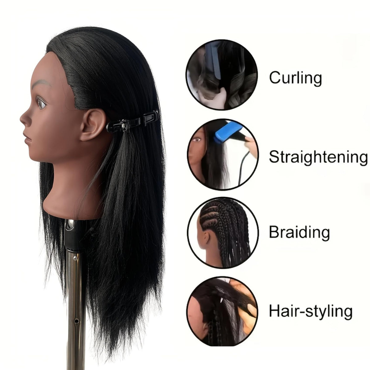 Black Mannequin Head for Hair Braiding Cosmetology Practice - 21 Inch Layered Synthetic Hair