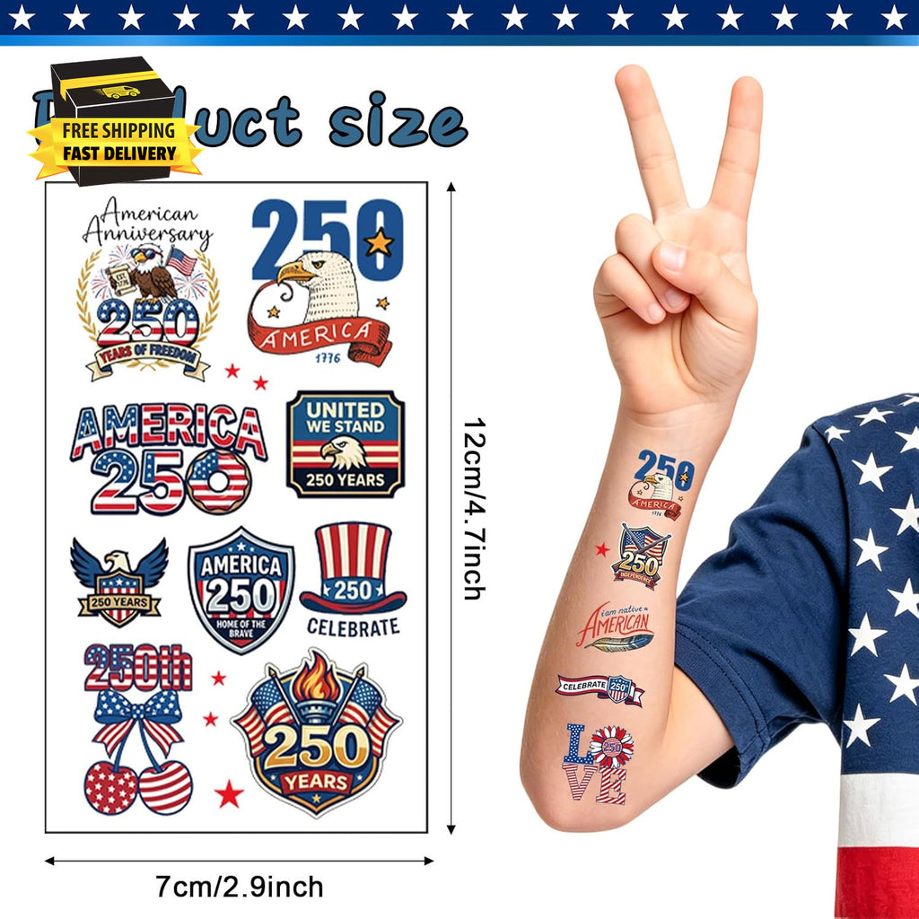 4th of July 80‑Piece Temporary Tattoos 250th Anniversary USA, Waterproof Kids Party Pack
