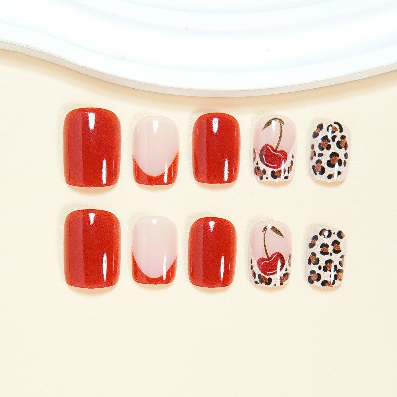 48P Short Square Press-On Nails with Red French Tip Leopard Design