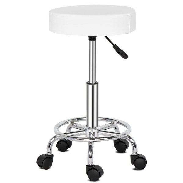 White Adjustable Salon Stool with Wheels 360° Swivel & Pneumatic Height