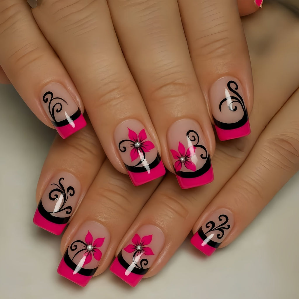 48Pcs Reusable Press-On Nails Set - Pink Black Floral Square Fake Nails