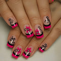 48Pcs Reusable Press-On Nails Set - Pink Black Floral Square Fake Nails