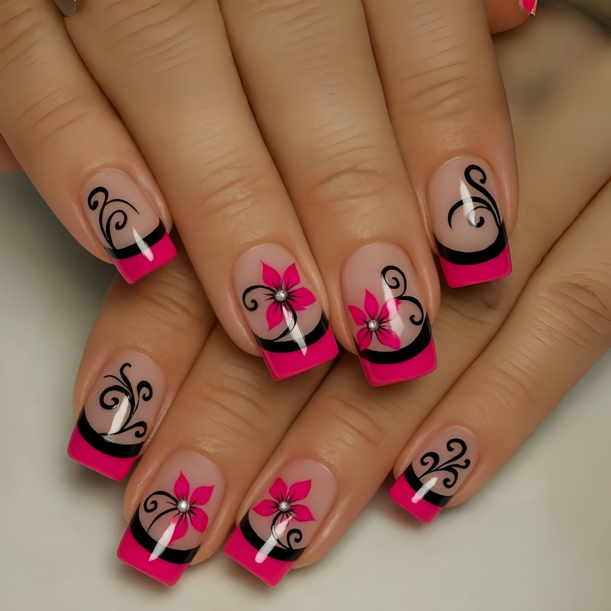 48Pcs Reusable Press-On Nails Set - Pink Black Floral Square Fake Nails