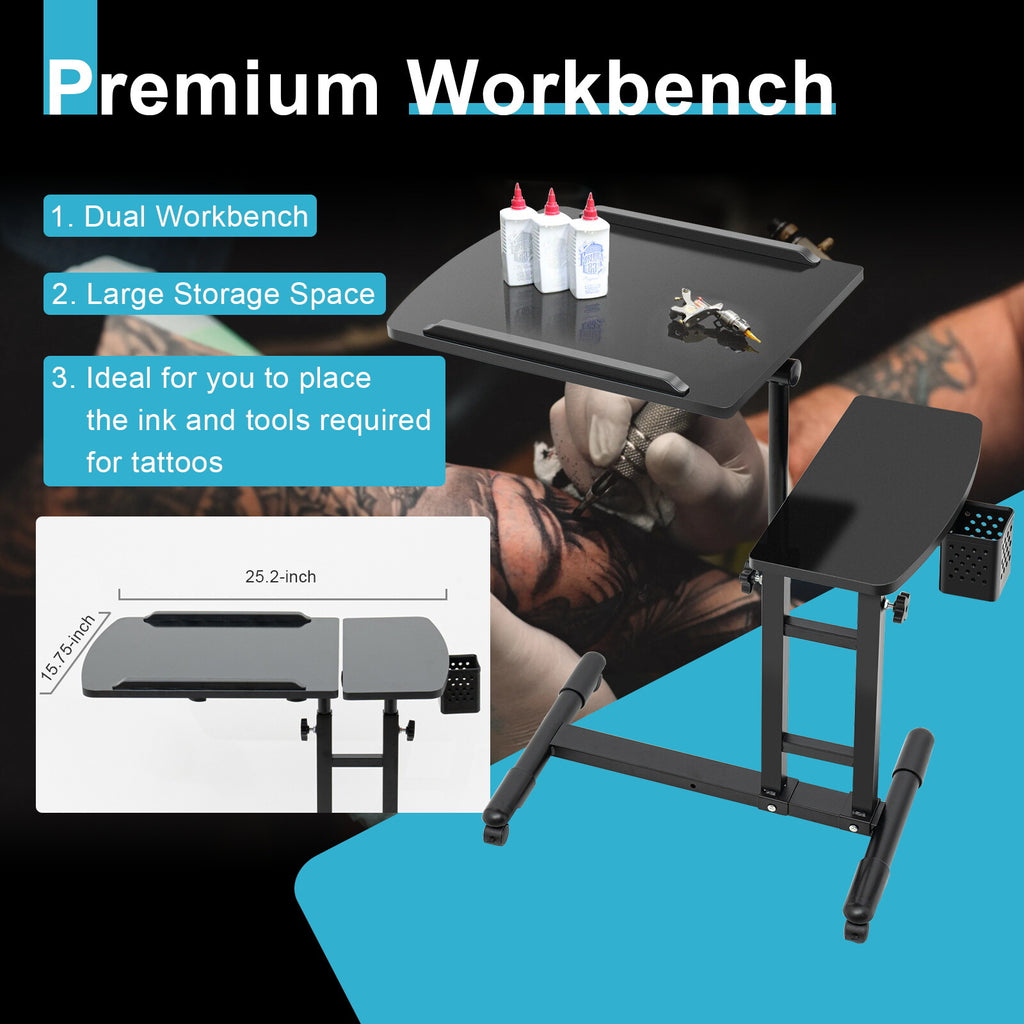 Adjustable Tattoo Workbench Tray Desk with Wheel Base - Mobile Studio Stand