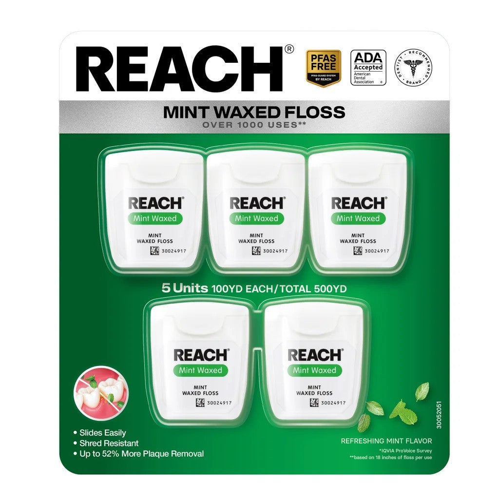 Mint Waxed Dental Floss 5 Pack - Shred Resistant, ADA Accepted, 500 Yards