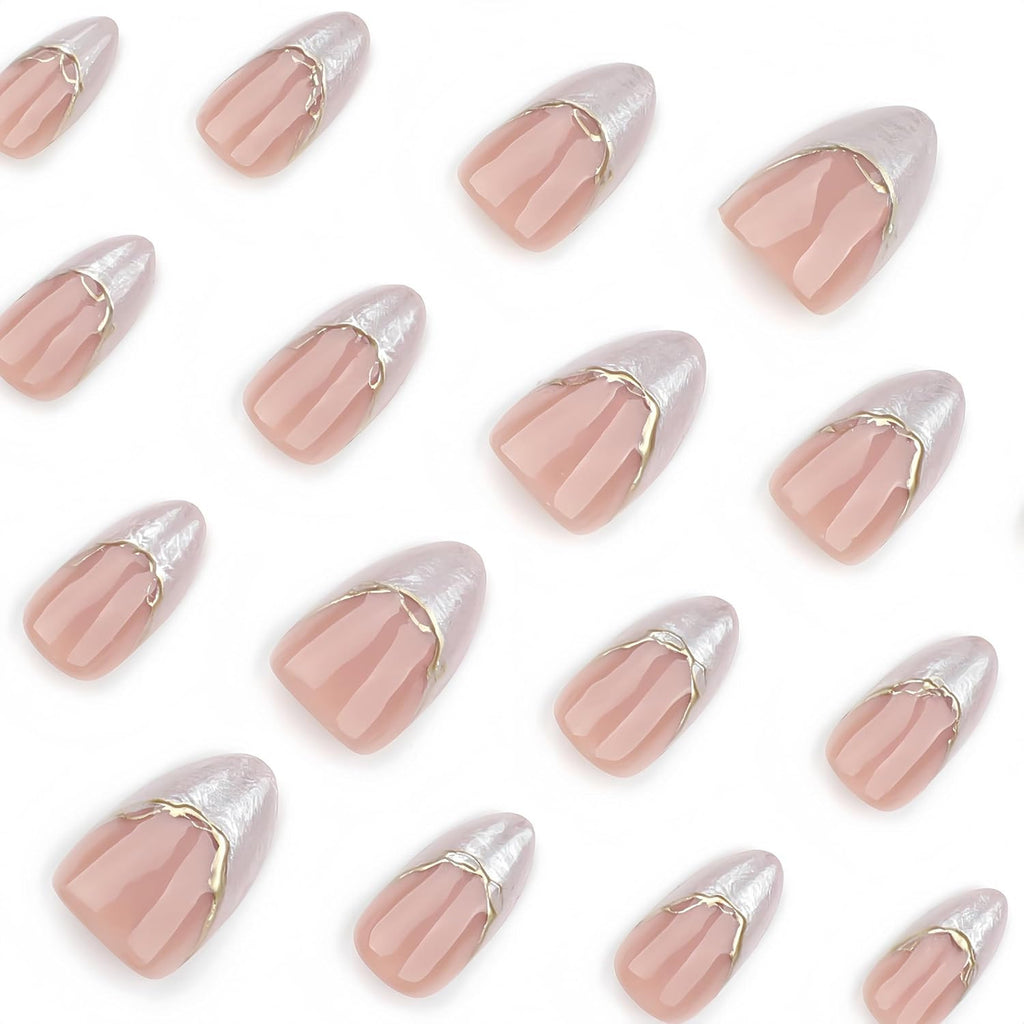 Press-On Nails Almond Nude with Cloudy White French Tip & Gold 3D Design