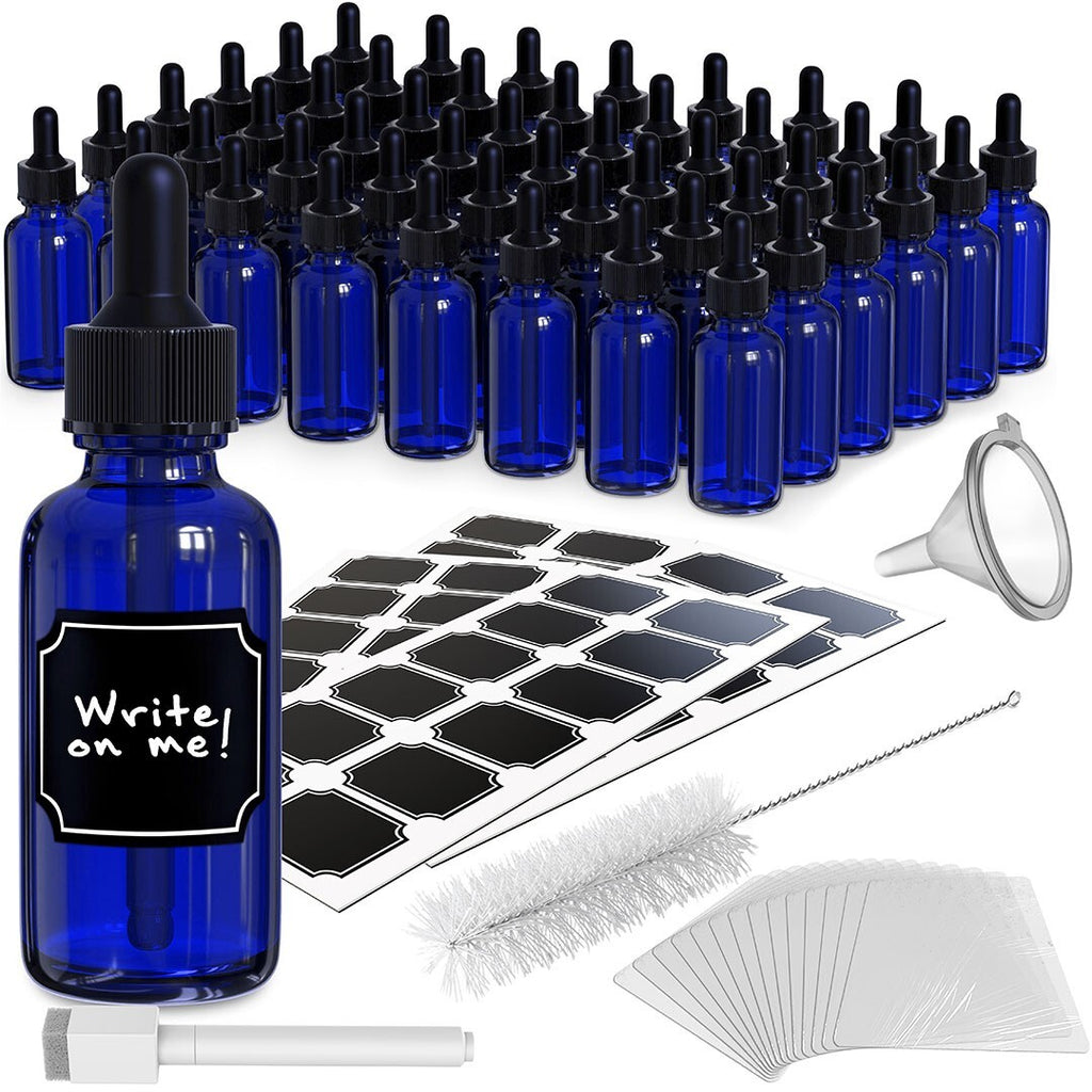 Cobalt Blue Glass Dropper Bottles Set of 48 - 1 oz with Labels & Accessories