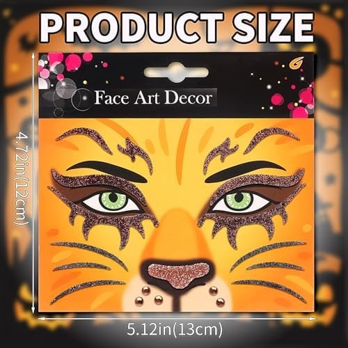 Temporary Glitter Face Tattoos - Animal Print Gems (2 Sheets) for Halloween & Costume