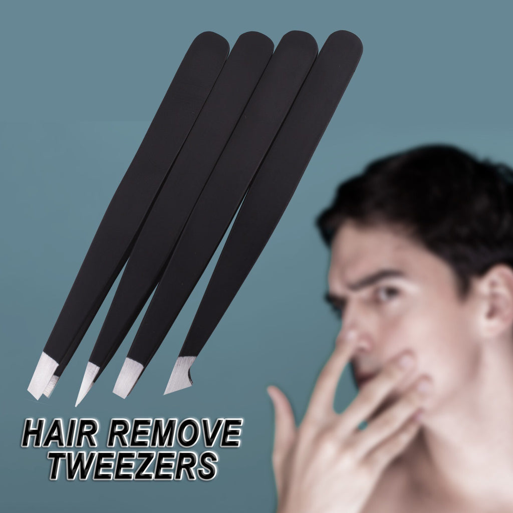 Professional 4-Piece Tweezers Set with Case - Slant, Pointed, Classic Stainless Steel